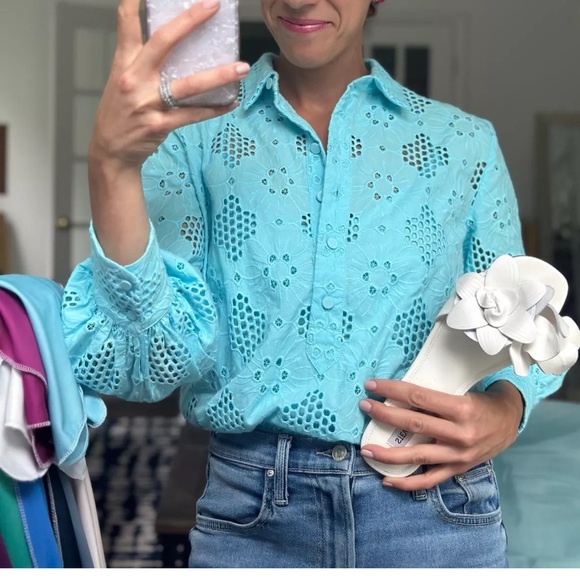 J.Crew Women's XXL Aqua Blue Long-Sleeve Eyelet Popover Blouse Casual Summer NWT - Picture 2 of 11